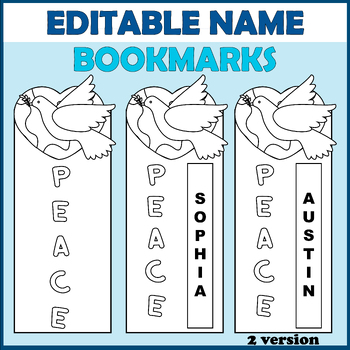 Preview of Editable Name Coloring Bookmarks | Student Name Bookmark | Peace Day Activities