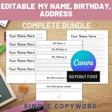 Editable Name, Contact Info Worksheet in Canva for Pre-K t