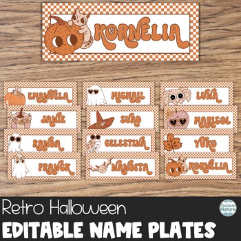 Preview of Editable Name Plates - Retro Halloween Name Tags for Desks