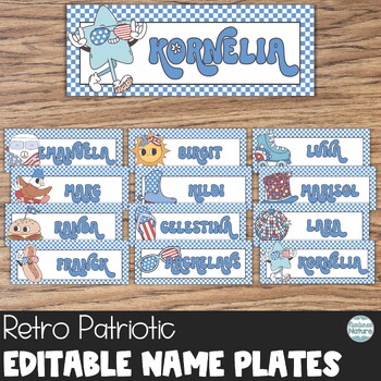 Preview of Editable Name Plates - Patriotic Retro Name Tags for Desks