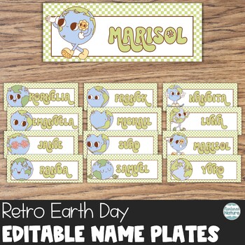 Preview of Editable Name Plates - Retro Earth Day Name Tags for Desks