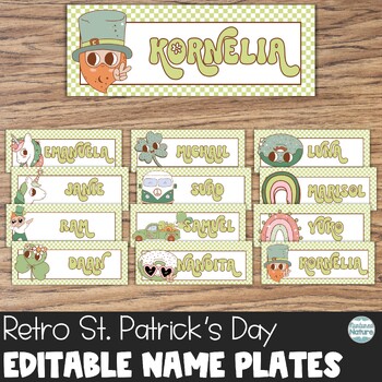 Preview of Editable Name Plates – Retro St. Patrick’s Day Name Tags for Desks