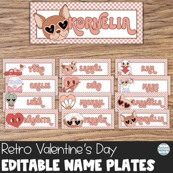 Preview of Editable Name Plates – Retro Valentine’s Day Name Tags for Desks