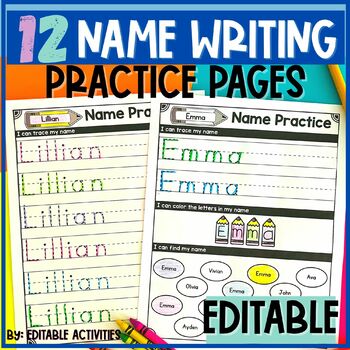 Preview of Name Tracing Editable Practice Pages and Name Writing with Auto-Fill (12 Pages!}