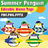 Editable Name Tag | Cute Summer Penguin Clipart Holding Surfboard