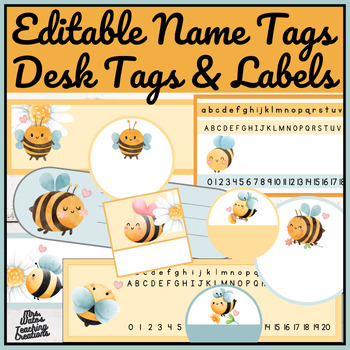 Preview of Editable Name Tags, Desk Labels & Number lines and Bee Classroom Decor