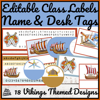 Preview of Editable Name Tags, Desk Labels & Number Lines & Viking Themed Classroom Decor
