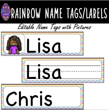 Preview of Editable Name Tags/Labels with Picture Spot (Rainbow Themed)