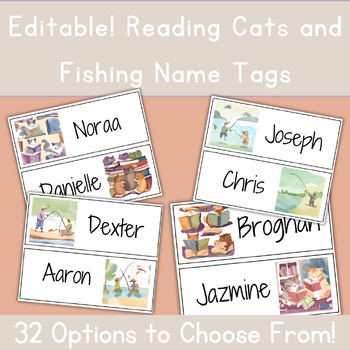 Preview of Editable Name Tags: Reading Cats and Fishing! 32 Options to Choose From!