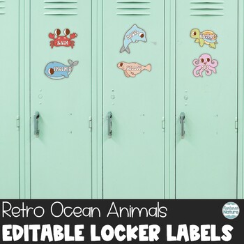 Preview of Editable Name Tags - Retro Ocean Animal Cubby or Locker Labels for Summer