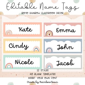 Editable Name Tags Student Desk Name Plates Boho Rainbow Classroom Decor