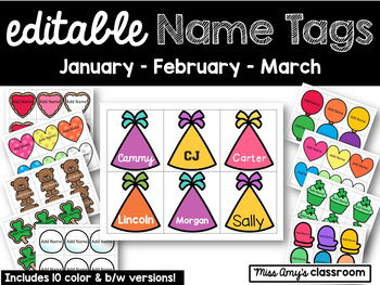 Preview of Editable Winter Name Tags (January, February, March) for Desks, Gifts, Cubbies
