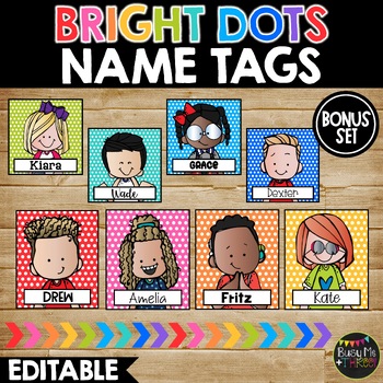 Editable Name Tags and Labels BUNDLE Bright Polka Dots Melonheadz | 420 ...