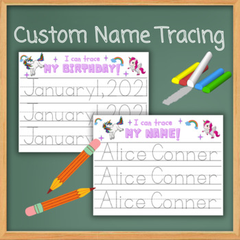 Preview of Editable Name Tracing (Name, Address, Phone, & Birthday) Girls-Unicorn