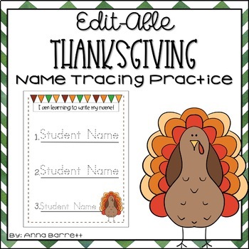 Preview of Editable Name Tracing Practice (Thanksgiving)