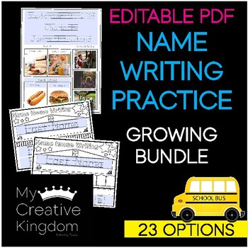 Preview of EDITABLE PDF Interactive First & Last Name Writing Practice Growing Bundle