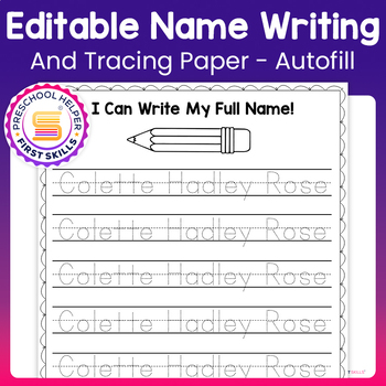 Preview of Editable Name Writing Practice Paper- Namer Tracing and Handwriting - Autofill