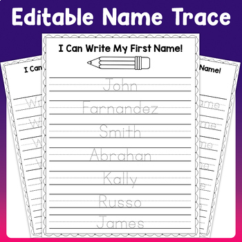 Preview of Editable Name Writing Practice Paper: Trace First and Last Name & Handwriting