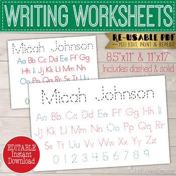 Preview of Editable Name Writing Worksheet, Alphabet Handwriting Worksheet Reusable