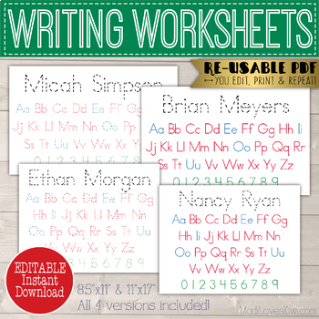 Editable Name Writing Worksheet, Alphabet Handwriting Worksheet Reusable