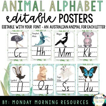 Preview of Alphabet Posters Australian Animal Classroom Decor - Editable Alphabet Posters