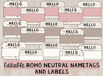 Preview of Editable Neutral Boho Rainbow Nametags + Labels