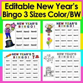 Editable New Year's Bingo 6 Sets of 30 Cards Differentiated FLASH DEAL