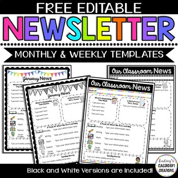 Preview of Editable Classroom Newsletter Templates - Color & Black and White ! FREEBIE!