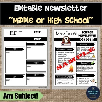 Preview of Editable Newsletter Template for Middle High School Any Subject Grade