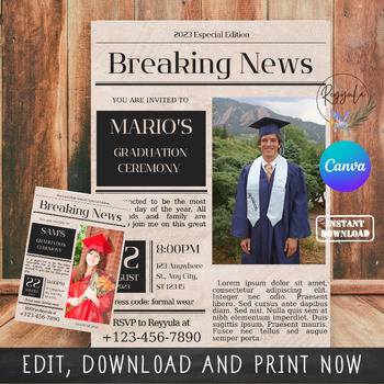 Preview of Editable Newspaper Graduation Invitation for any age grade, Grad Invite, Evite