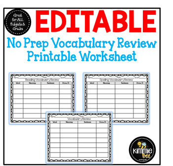 Preview of Editable Vocabulary Printable Worksheet