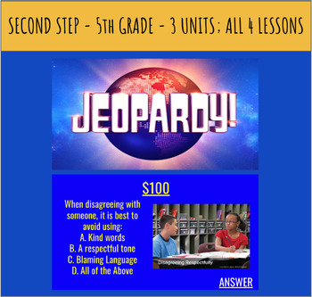 Preview of Editable No-Prep Second Step JEOPARDY - 5th Grade - *ALL 4 UNIT LESSONS* SEL