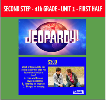 Preview of Editable No-Prep Second Step JEOPARDY Game 4th Grade ** First Half of Unit 1**