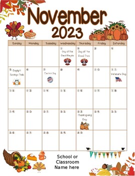 Preview of Editable November 2023 Calendar