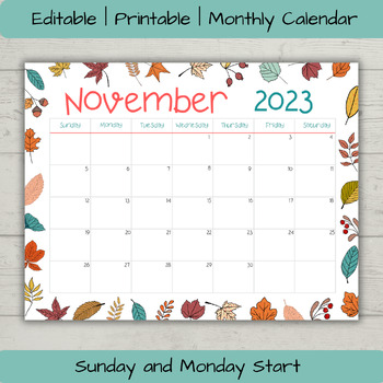 Preview of Editable November 2023 Calendar