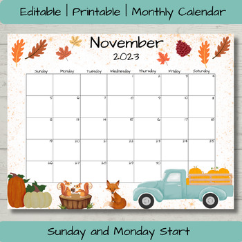 Preview of Editable November Calendar