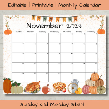 Preview of Editable November Calendar