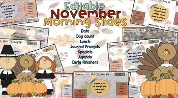 Preview of Editable November Themed Morning Slides for Daily Classroom Organization