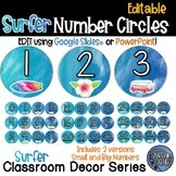 Editable Number Circles - Beach Surf Theme Classroom Decor