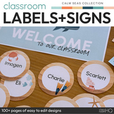 Preview of Ocean Theme Beach Classroom Decor Editable Class Labels + Signs | CALM SEAS