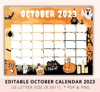 Editable October 2023 Calendar, Halloween Calendar Printable, Digital 