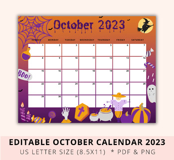 Preview of Editable October 2023 Calendar, Halloween Calendar Printable, Digital Calendar