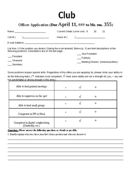 Preview of Officer Application for a club (editable& fillable resource)
