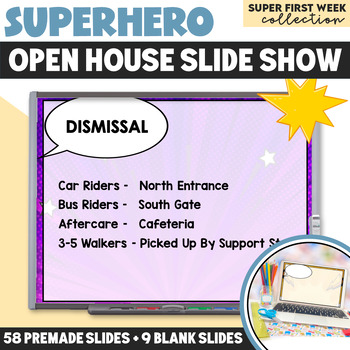 Preview of Editable Open House Slideshow Meet the Teacher Back to School Superhero Theme