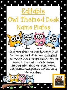 Preview of Editable Owl & Polka Dot Themed Desk Name Plates with Handwriting Lines