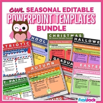 Preview of OWL SEASONAL Editable Themed Morning Work PowerPoint Templates Bundle