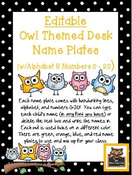 Preview of Editable Owl and Polka Dot Themed Name Desk Plates w/Alphabet and Numbers 0 -20