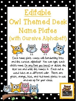 Preview of Editable Owl and Polka Dot Themed Name Desk Plates w/Cursive Letters
