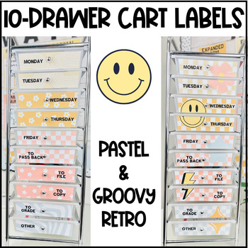 Preview of Editable PASTEL & GROOVY RETRO 10-Drawer Rolling Cart Labels - Teacher Trolly