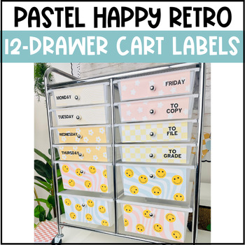 Preview of Editable PASTEL HAPPY RETRO 12-Drawer Rolling Cart Labels - Teacher Trolly